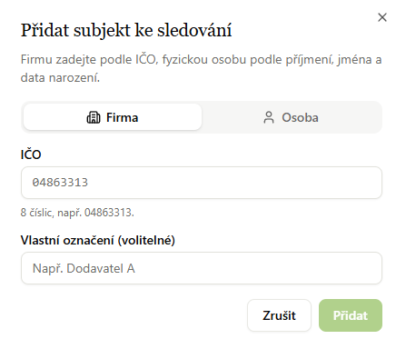 Přidat subjekt ke sledování