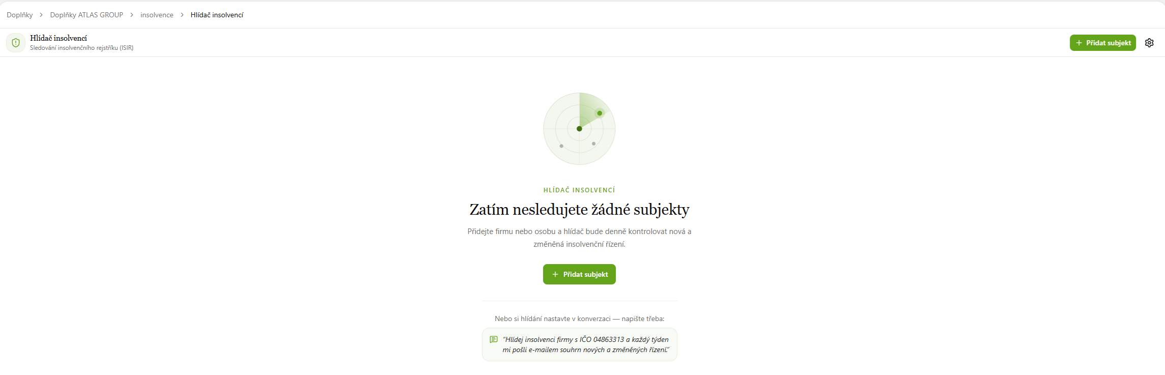 Hlídač insolvencí — úvodní obrazovka