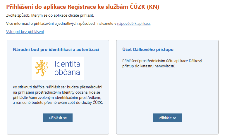 ČÚZK — přihlášení přes Identitu občana