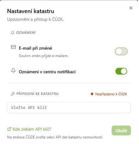 Nastavení katastru — vložení API klíče