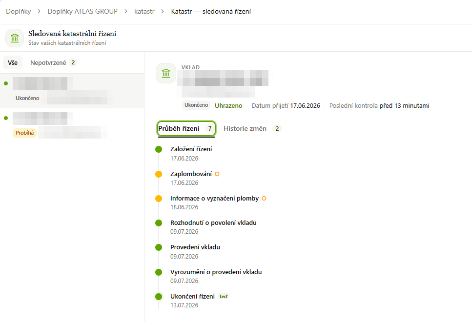 Katastr — detail sledovaného řízení