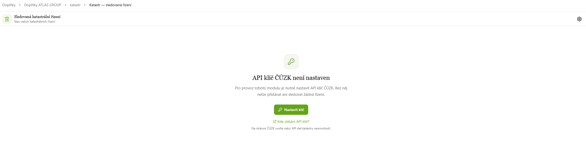 Katastr — úvodní obrazovka bez API klíče
