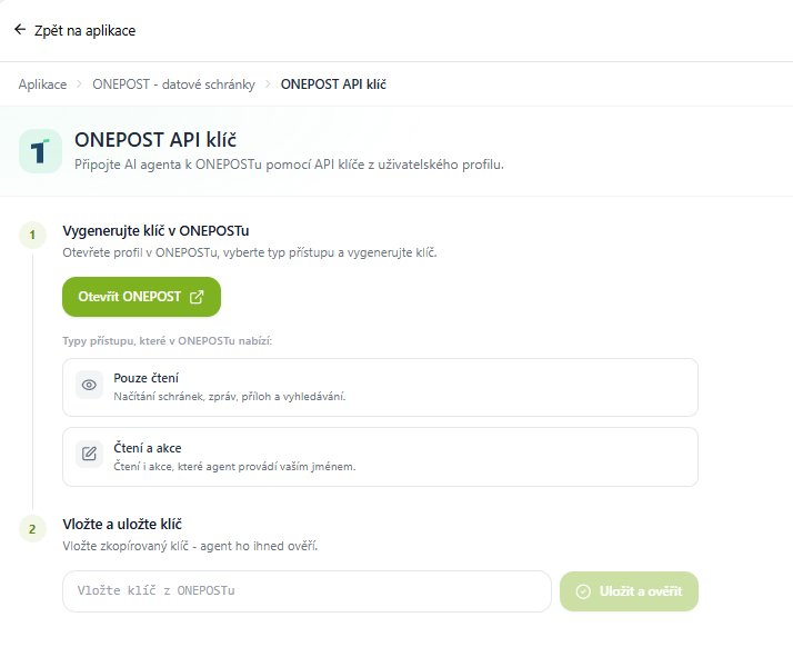 Aplikace v Agentovi: ONEPOST API klíč