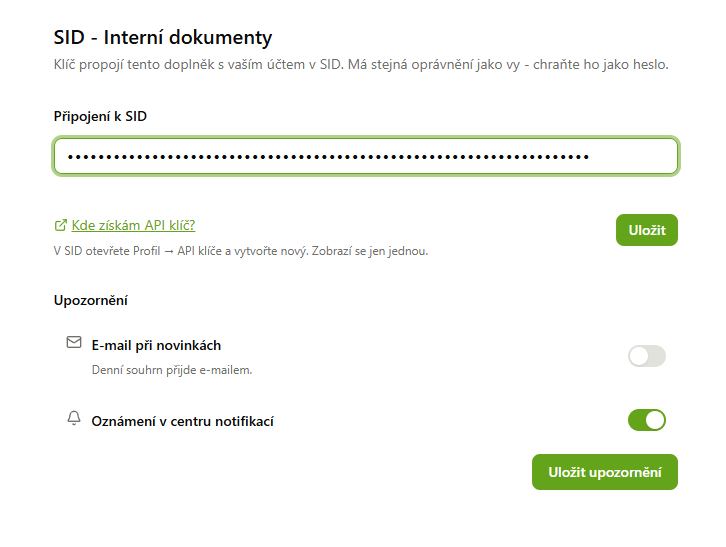 SID - Interní dokumenty — vložení API klíče