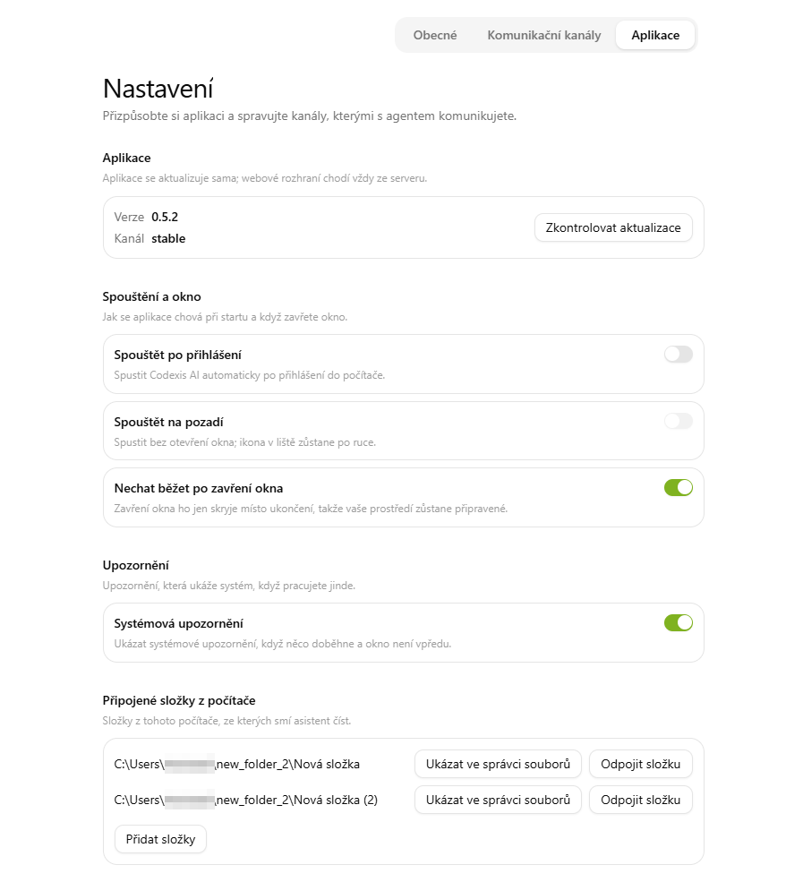 Nastavení aplikace se správou připojených složek