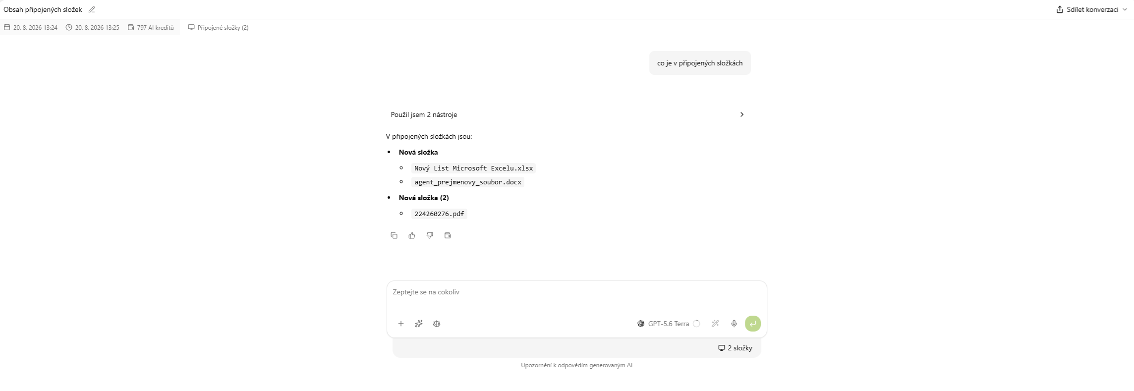 Agent vypisuje obsah připojených složek v chatu