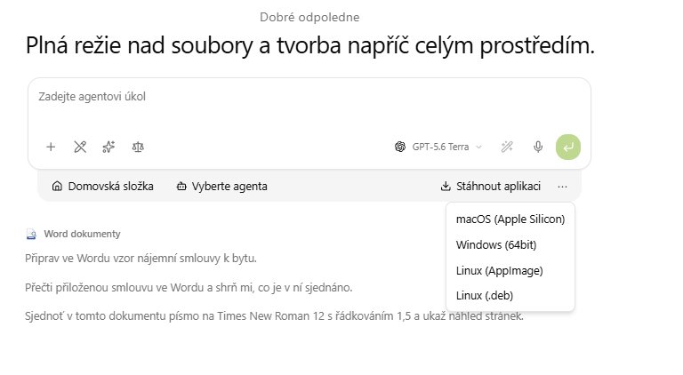 Tlačítko Stáhnout aplikaci s výběrem verze pro macOS, Windows a Linux