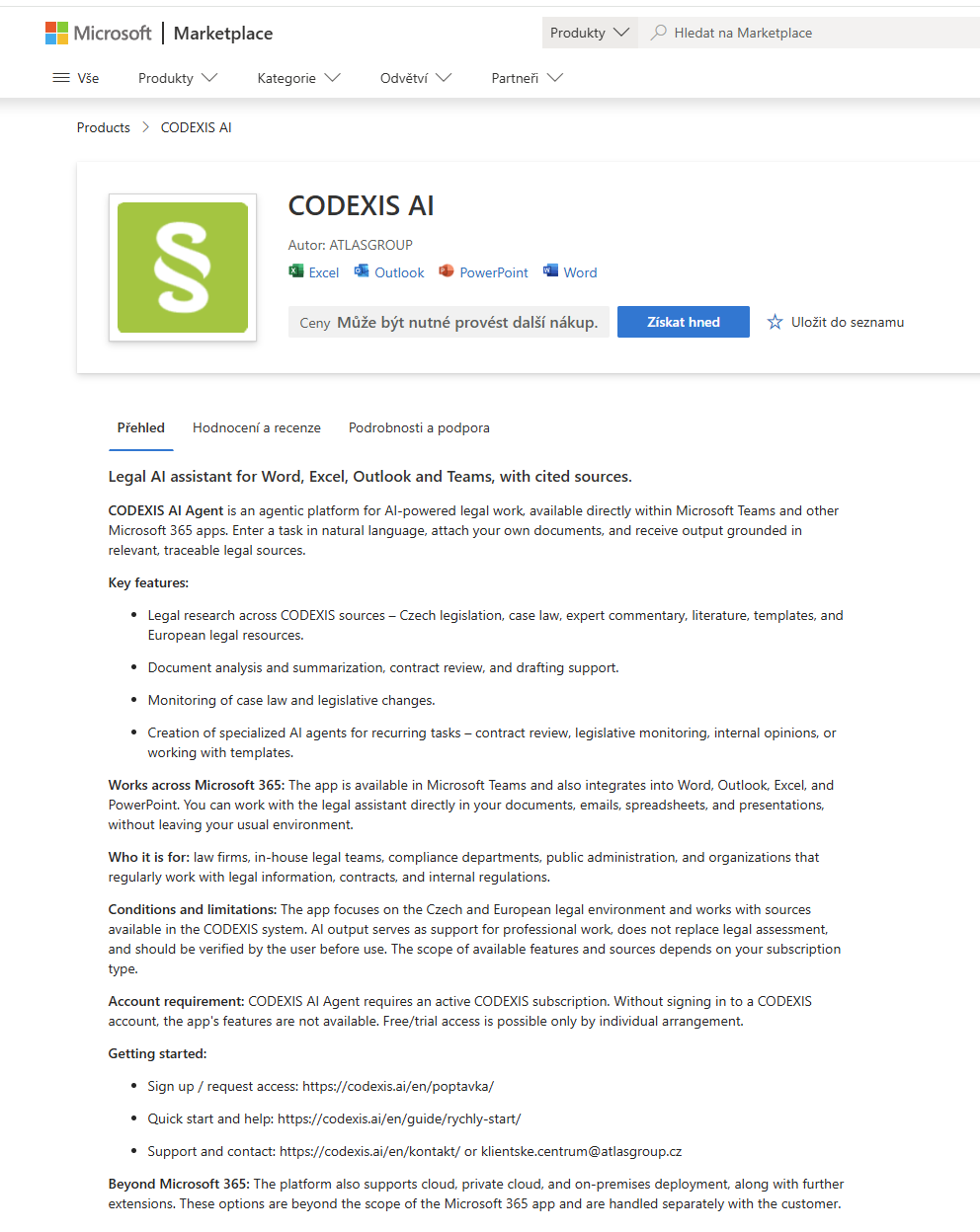 CODEXIS AI na Microsoft Marketplace — doplněk pro Word, Excel, Outlook a PowerPoint