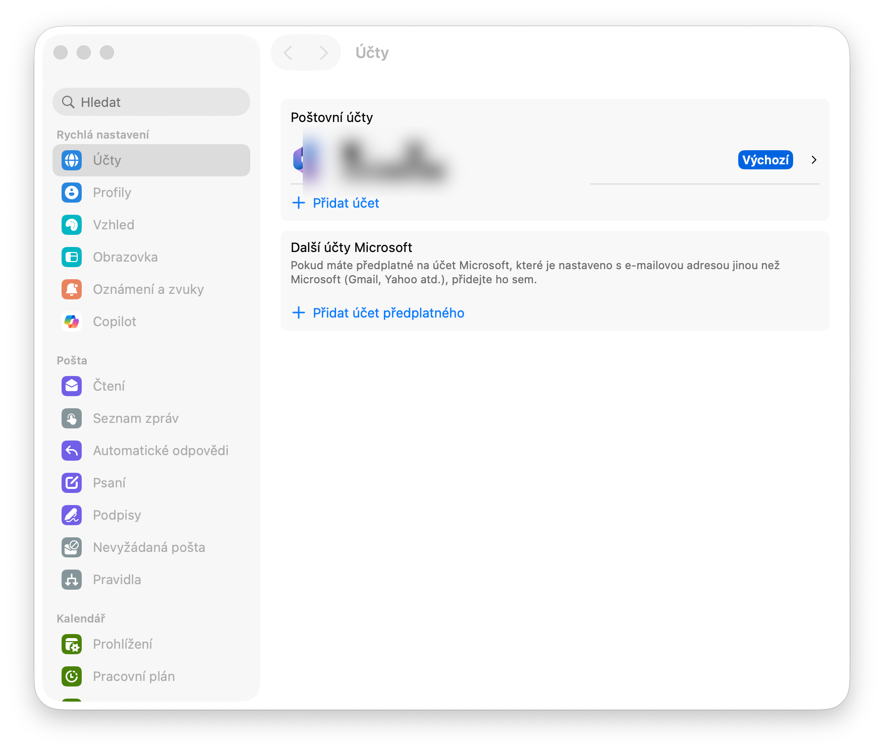 Seznam Poštovní účty v nastavení Outlooku pro Mac