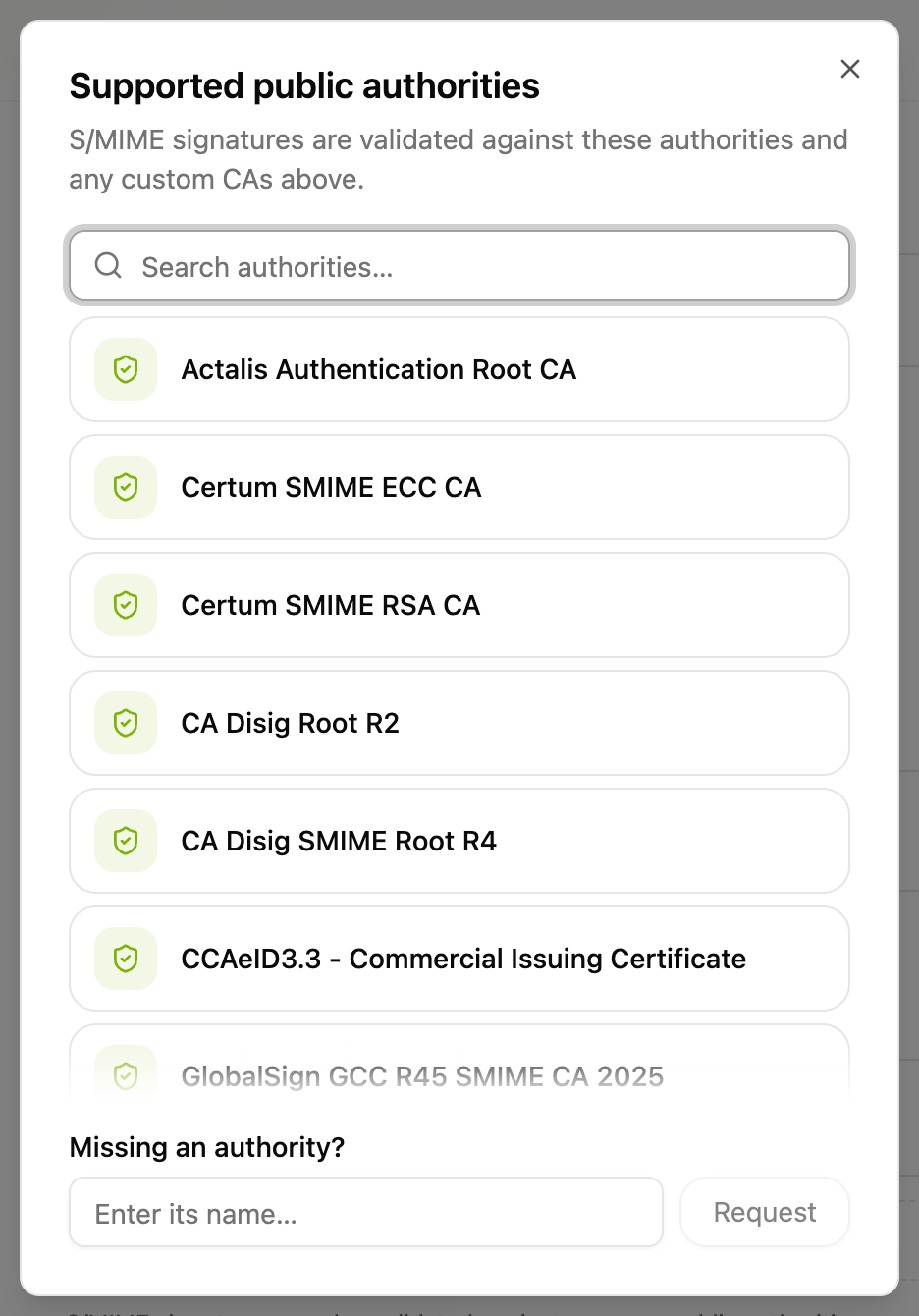 The Supported public authorities dialog listing the authorities the agent trusts