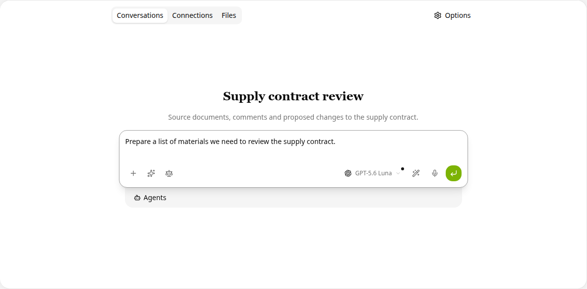 A contract review project with Conversations, Connections and Files tabs and a draft request for the agent.