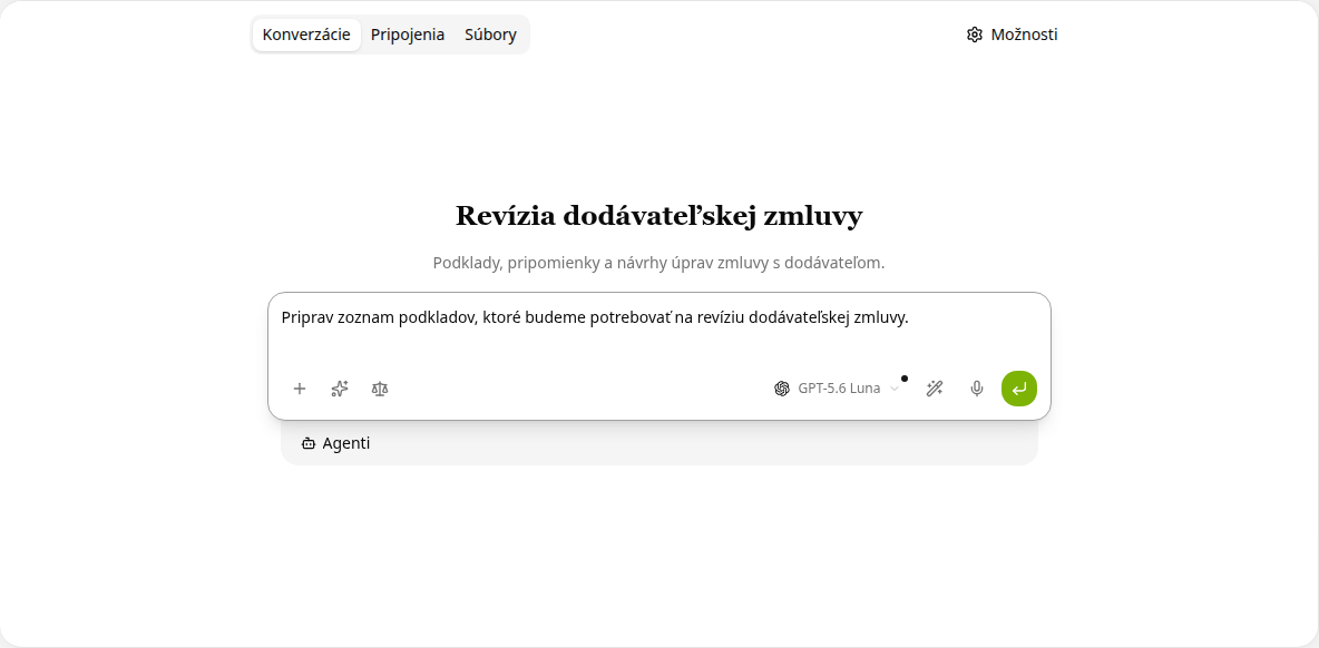 Projekt revízie dodávateľskej zmluvy so záložkami Konverzácie, Pripojenia a Súbory a rozpísaným zadaním pre agenta.