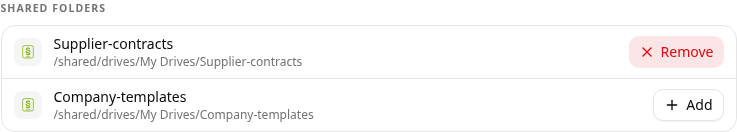 Shared folders on the Connections tab: Supplier-contracts is connected and Company-templates is available to add.