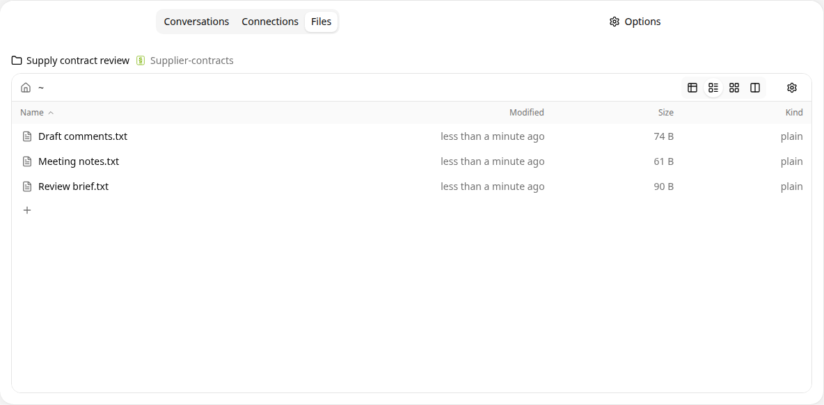 The Files tab with meeting notes, draft comments and the review brief.