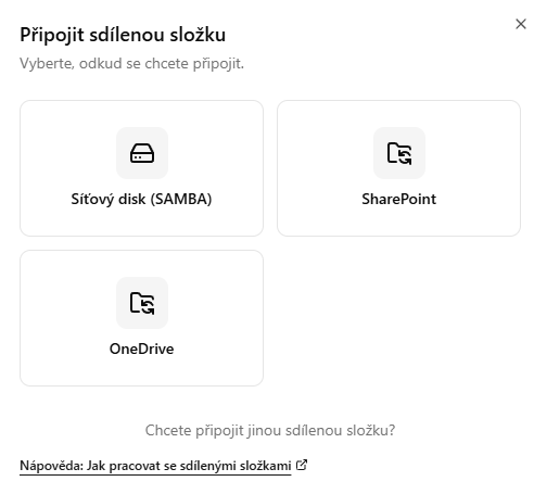 Připojit sdílenou složku — Síťový disk (SAMBA), SharePoint, OneDrive