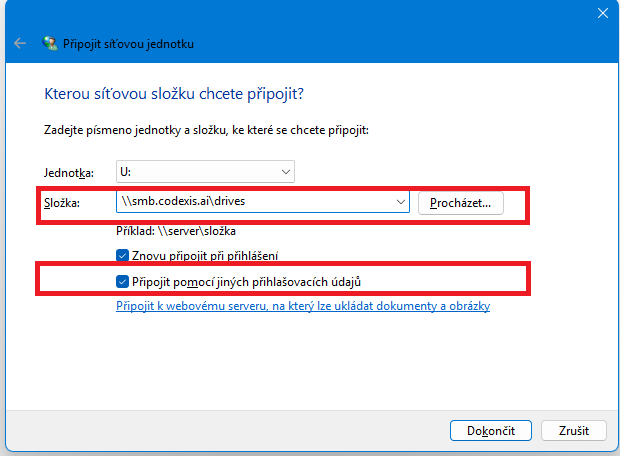 Připojit síťovou jednotku — adresa a přihlašovací volby