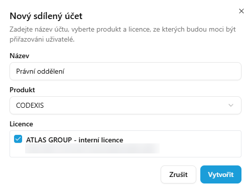 Dialog Nový sdílený účet