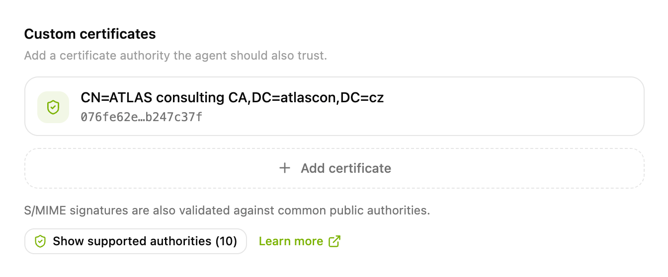 The Custom certificates section in CODEXIS AI settings