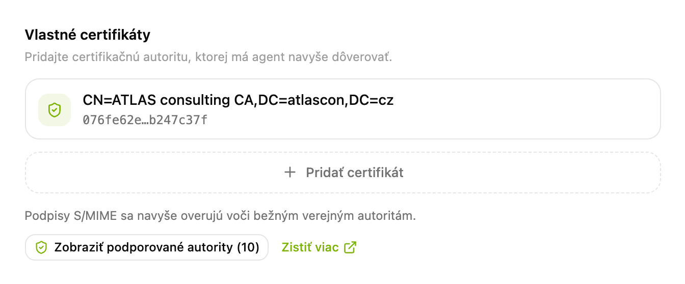Sekcia Vlastné certifikáty v Nastaveniach CODEXIS AI