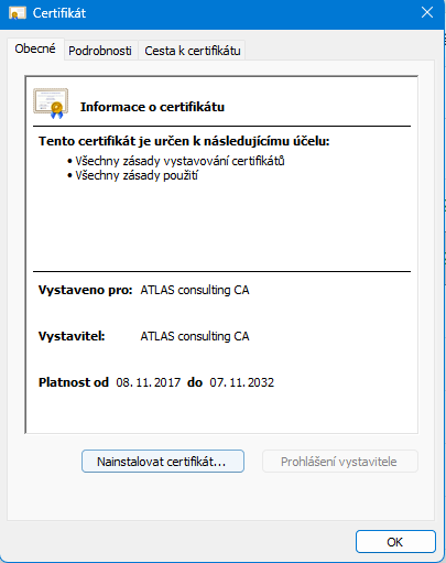 Okno Certifikát s poli Vystaveno pro, Vystavitel a platností certifikátu