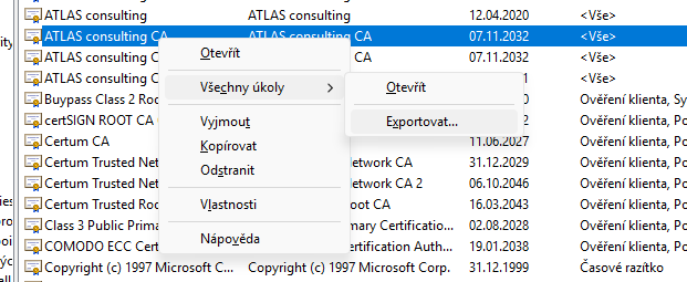 Kontextová nabídka certifikátu s položkou Exportovat